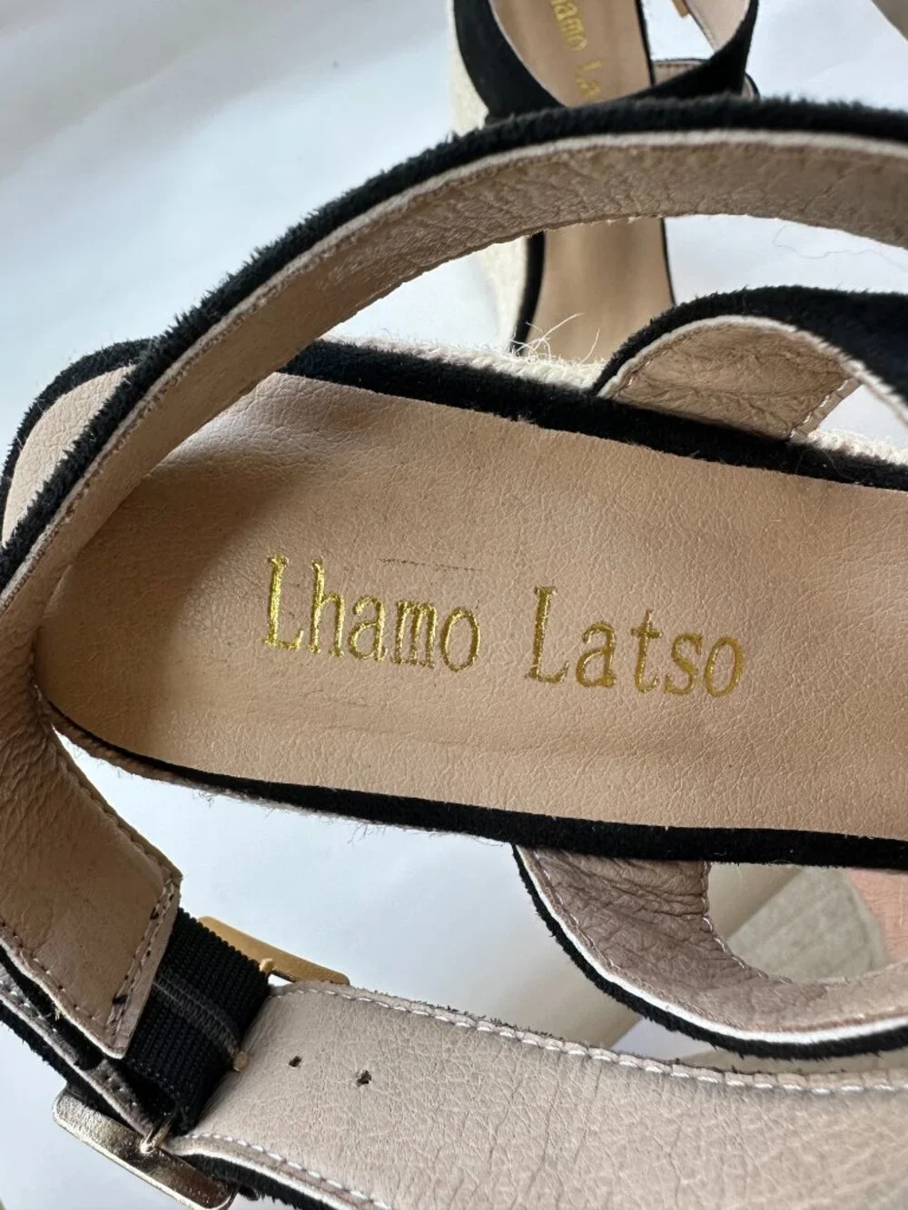 Lhamo Latso Black Suede Espadrille Wedge Sandals Cross Ankle Strap Size 40
